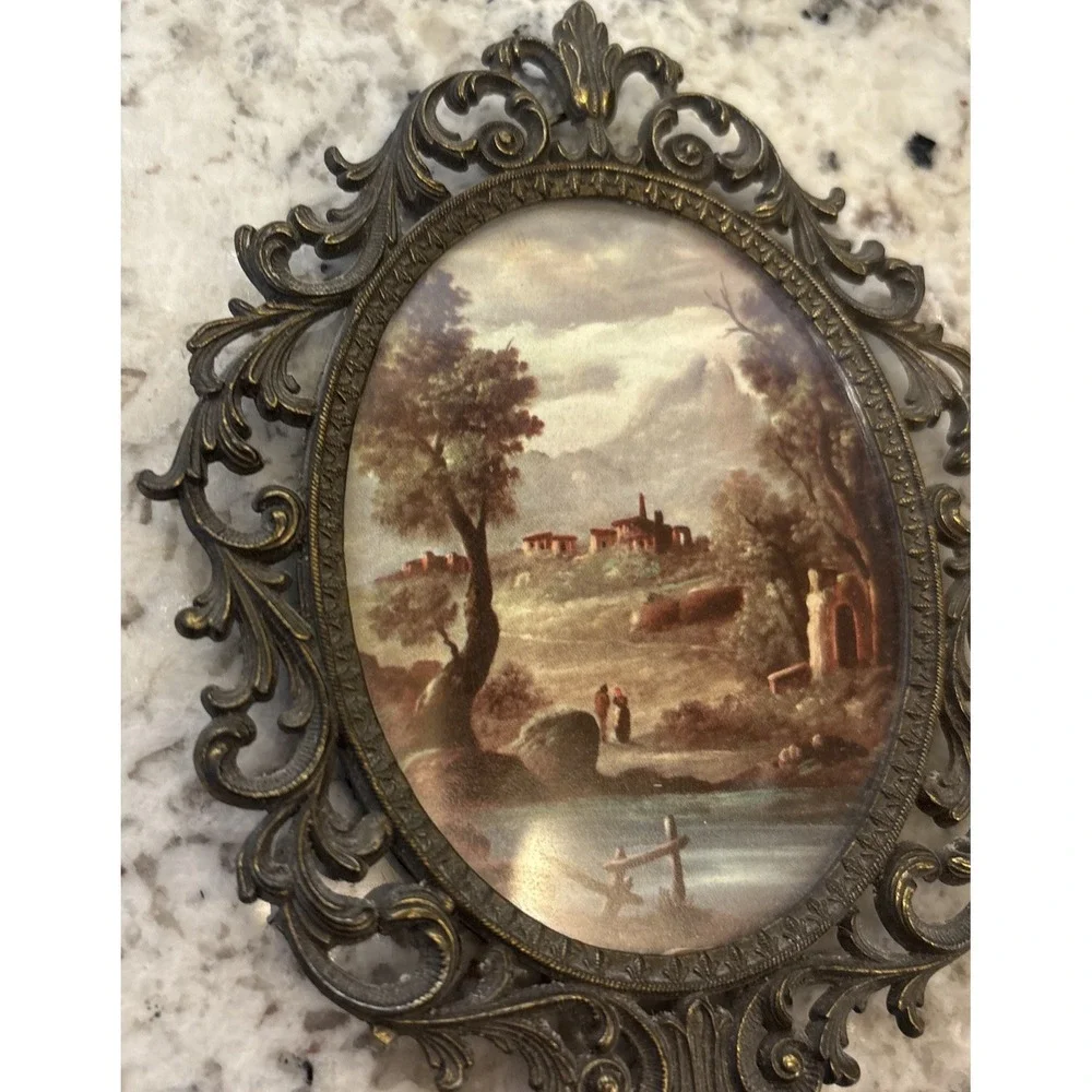 Small Ornate Patina Gold Filigree Oval Frame Florentine Landscape Print Art VTG